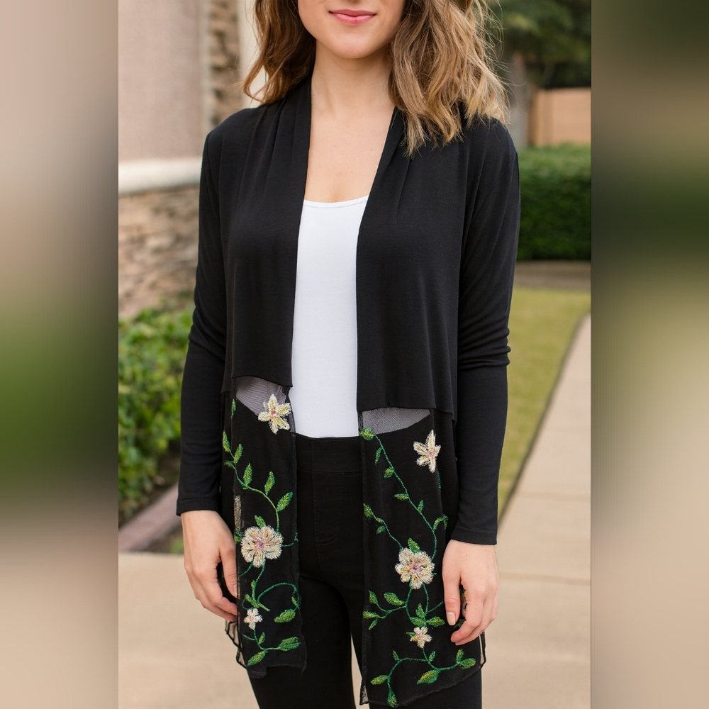 Kim & Cami romantic Long Black Sheer Floral Embroidered kimono duster Cardigan L